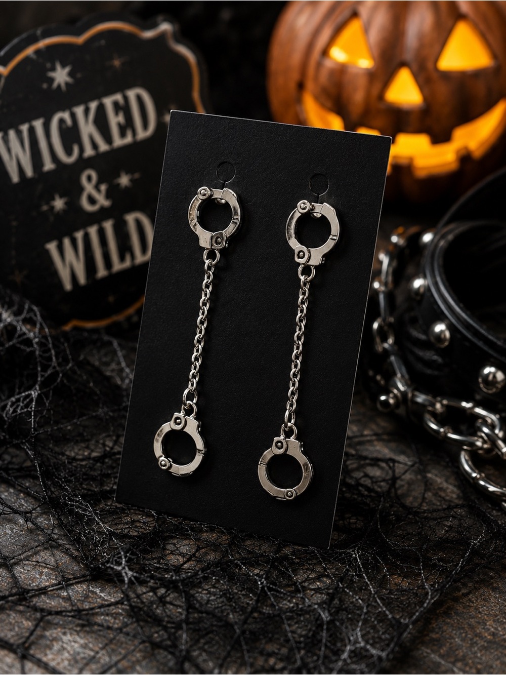 Vintage Handcuff Dangle Earrings Halloween Biker